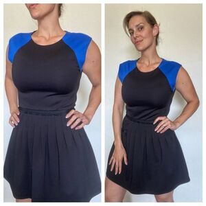Rebecca Taylor Dress Pleated Black Blue Color Block Preppy Minimalist